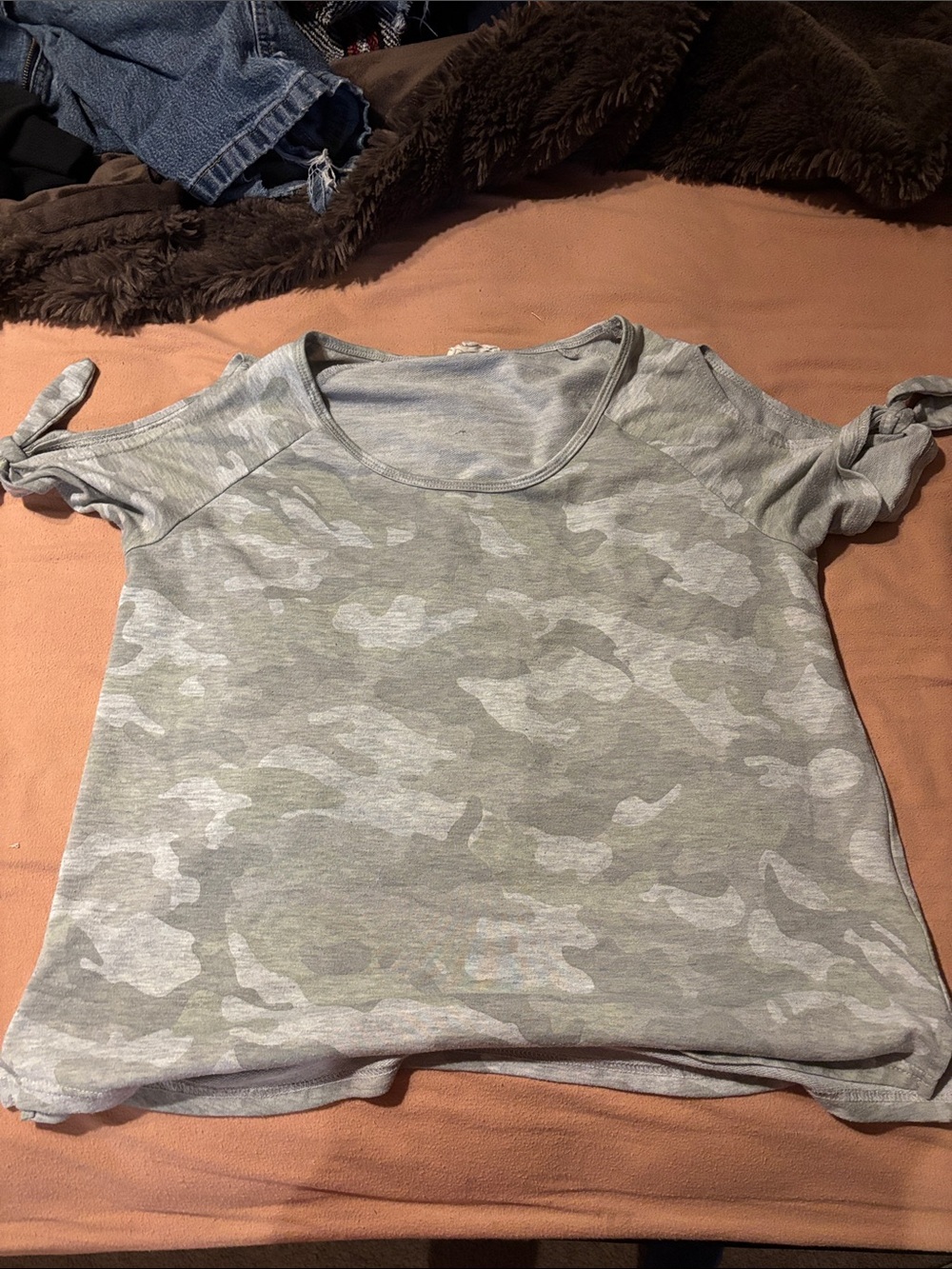 Jane and Delancey Olive Gray Camo Cold-Shoulder Tee